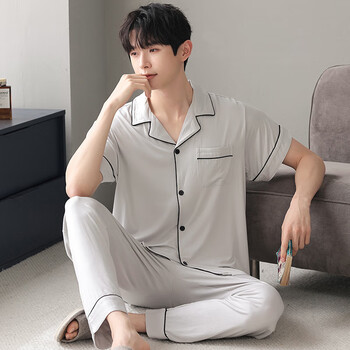浪莎男士睡衣夏季莫代尔短·袖长·裤套装夏天青年简约纯色开衫家居服