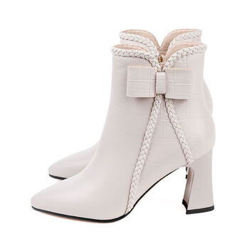 短靴女高跟鞋2021冬季新款蝴蝶结米白色加绒踝靴子软皮粗跟瘦瘦靴