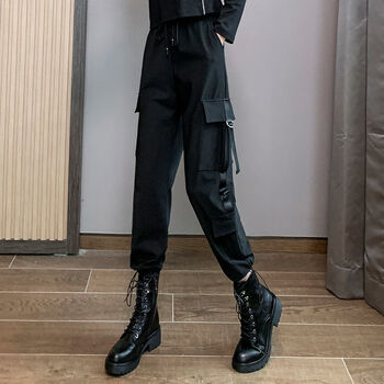 兹仕猫裤工装裤秋冬显瘦高腰束脚长裤宽松直筒黑色运动加厚裤子工装裤