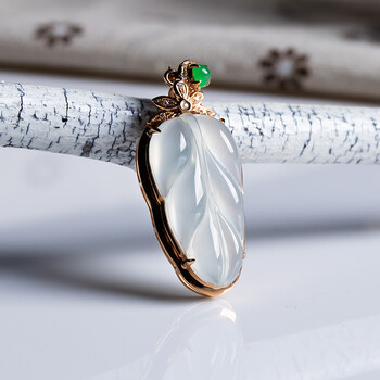 墨韵天然a货翡翠金枝玉叶吊坠冰种18k金镶嵌树叶子挂件女缅甸玉石坠子