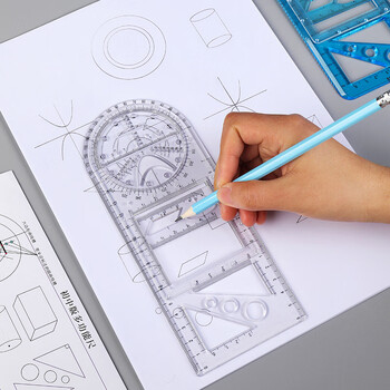 递乐多功能旋转绘图尺子 数学几何画圆量角器三角直尺平行尺学生创意绘图工具文具 2695透明色