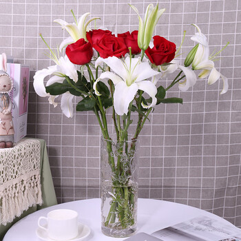 直批发家用水养花同城插花花束鲜切花 10朵白百合(4-5枝) 5支红色玫瑰