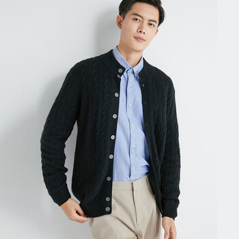 卡内加羊毛衫开衫男2021年冬季加厚新款中青年男士休闲v领羊绒衫扭花