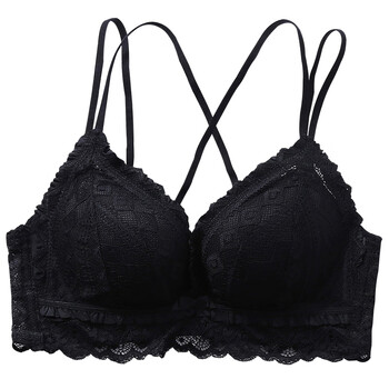 内衣女小平胸厚款文胸套装无钢圈蕾丝美背交叉馒头杯少女内衣罩 黑色