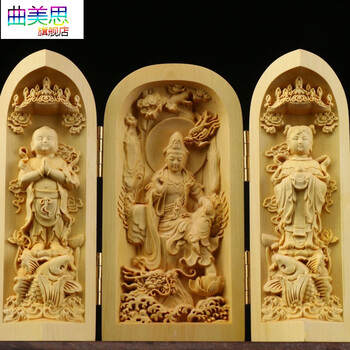 木造 極上品 仕女 黃楊木 手彫り 立像 置物 3点セット 黄杨木三圣