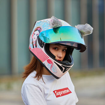 安全头盔电动车摩托车女生可爱电瓶车机车四季通用头盔凤冠彩镜猫耳