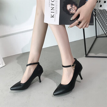高跟鞋女女士中跟单鞋女细跟一字扣带尖头黑色亚光皮鞋正装工作高跟鞋
