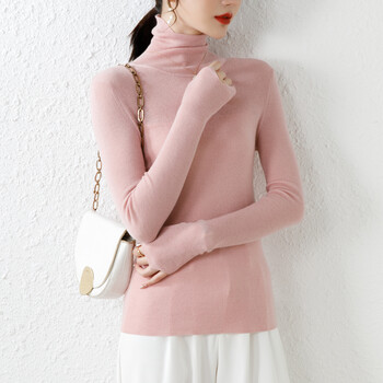 堆堆领打底衫女超细羊毛衫薄款春秋2021修身百搭针织衫毛衣浅粉色s