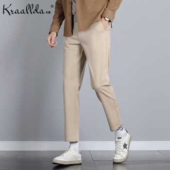 男装休闲裤男士九分裤春秋季直筒纯色韩版男裤百搭潮流裤子男 卡其色
