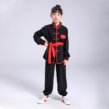 功夫训练服中国风演出服男女童太极表演衣服装黑色长袖套装领口刺绣