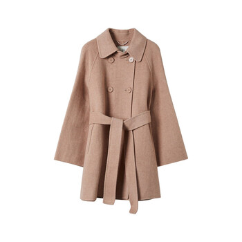 hs女装冬季新款双色双排领娃娃领毛呢外套女中长款藕荷色s155