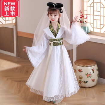 汉服白娘子服装舞蹈服小孩古装仙白色衣服头饰赠品100cm100cm100适合