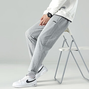 李宁运动裤男秋冬季新款宽松束脚卫裤健身跑步休闲裤子长裤 浅灰束脚