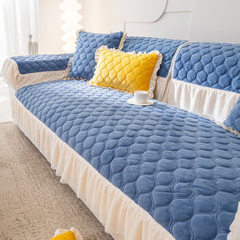 冬季毛绒沙发垫四季通用防滑坐垫简约现代沙发全包套罩布盖巾馨轩蓝色