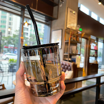 犬冷萃咖啡杯ins风茶色吸管杯带盖玻璃水杯随行吸管杯网红奶茶杯子