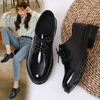 远古猴单鞋女春秋女鞋布洛克英伦风黑色小皮鞋全黑复古平跟粗跟深口