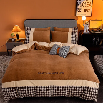 牛奶绒刺绣床单四件套诺力系列棕色床单款18m床被套220240cm四件套