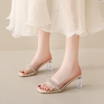 诺石水晶透明拖鞋女年夏季新款坡跟一字带时尚粗跟中跟罗马凉拖鞋6203