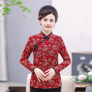 款长袖打底衫t恤遮肚改良旗袍上衣妈妈装碎花潮送妈红色xl建议70100斤