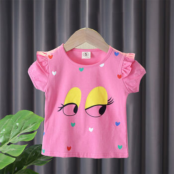 t恤适合0-5岁小女孩子夏天穿的泡泡袖上衣薄款女宝宝 半袖大眼睛玫红