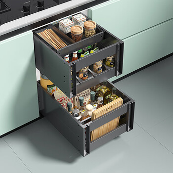 雾隐门厨房调味拉篮橱柜不锈钢开门抽中抽屉式内置物架双层抽拉多功能