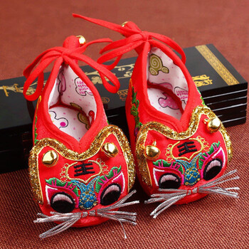 婴儿虎头鞋婴儿宝宝鞋老虎鞋百天周岁学步鞋软底男孩喜庆手工红色