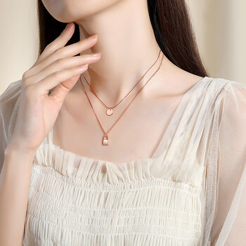 甜甜猫欧美风锁头圆牌双层项链女s925银叠戴简约个性