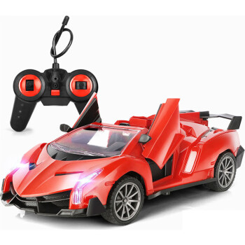 勾勾手 遥控车儿童玩具 一键开门遥控车汽车模型耐摔1:24红色电池装 RD158-1 生日礼物