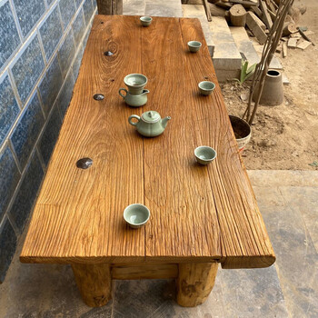 老榆木门板茶桌实木风化桌复古榆木吧台旧木板茶桌原木茶台民俗桌凳