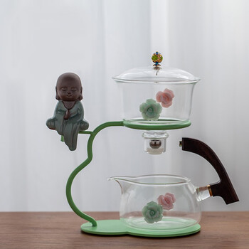 瓷花自动茶具玻璃懒人功夫套装家用办公室会客创意冲泡茶器绿色光面