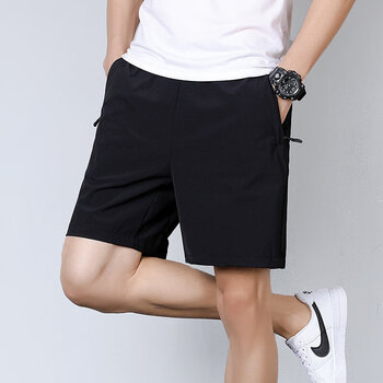 男士休闲运动短裤松紧系绳五分中裤速干冰丝口袋拉链纯色沙滩黑色5xl