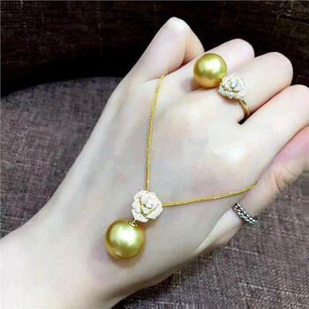 韩生生南洋金珍珠吊坠正圆强光珍珠手镯浓亮金戒指耳钉耳环珍珠四件套