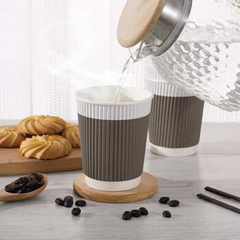 百草园一次性纸杯商务办公咖啡杯防烫双层隔热瓦楞杯奶茶杯280ml*50只装