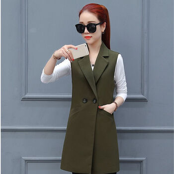 马甲女春秋背心坎肩马夹中长款新款韩版无袖西装外套时尚女装军绿色l