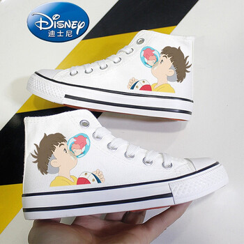 卡通涂鸦儿童帆布鞋女童小白鞋子男童荧光休闲鞋商场同款高帮白金鱼26