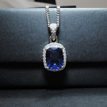 镶嵌仿黄水晶粉碧玺项坠锆石项链简约气质方形满钻 蓝色石【图片 价格