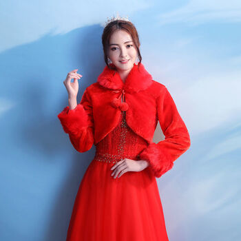 新娘结婚毛披肩外套婚纱礼服伴娘仿皮草斗篷冬季双面保暖加大码红色