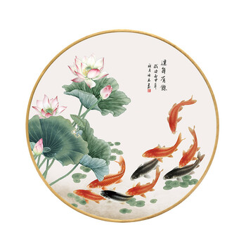 荷花九鱼图圆形字画现代中式客厅装饰画餐厅玄关走廊过道壁画荷花九鱼