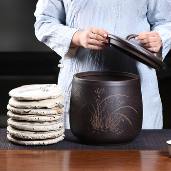 千寿堂普洱茶叶罐 宜兴紫砂原矿手工 紫泥 春兰茶叶罐