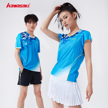 川崎（KAWASAKI）断码清仓专业羽毛球服女款运动短袖T恤V领速干K2002 蓝色 XL