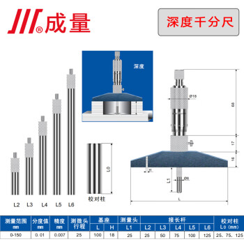 川牌成量深度千分尺 圆头孔深测量 分度值0.01mm工业级 0-150mm 