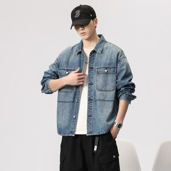 vjmj工装牛仔衬衫男复古美式做旧长袖衬衣男翻领厚款男士上衣大码外套
