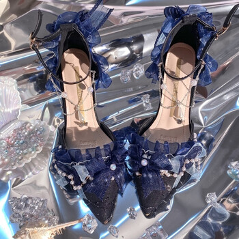 洛丽塔高跟鞋花嫁lo鞋尖头手作优雅高跟鞋百搭lolita茶会藏蓝色7cm带