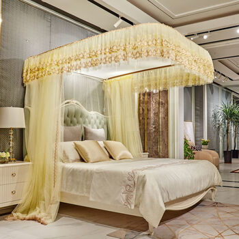 导轨蚊帐u型轨道三开门公主风纹帐家用12米15m18米双人床米黄32新升级