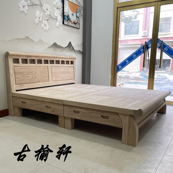 财迎老榆木床全实木新中式双人床榫卯结构箱体床1.8米北方老榆木床床 