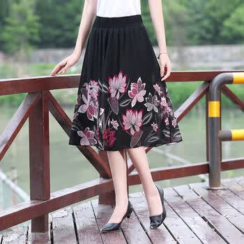 中老年半身裙民族风松紧腰妈妈半身裙夏季小个子时尚雪纺百搭短裙子