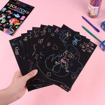 TaTanice【全网低价】儿童刮画纸 卡通幼儿园炫彩刮刮画纸画本美术创意diy涂鸦用品套装9页美人鱼