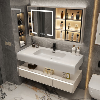 凸凸卫浴北欧可丽耐肤感一体盆浴室柜组合弧形橡木洗脸盆卫生间定制