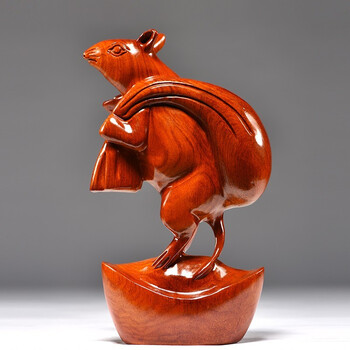 浣彩花梨木木雕老鼠摆件动物十二生肖鼠中式客厅实木家居玄关电视柜