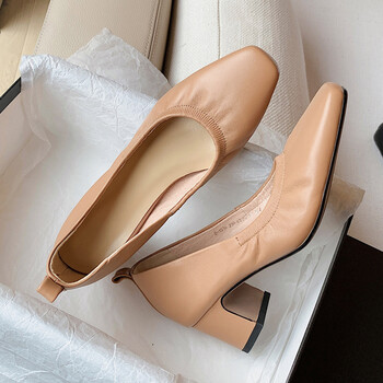高端气质软羊皮鞋女单鞋小羊皮超中高跟鞋方头粗跟杏色浅口韩版日常